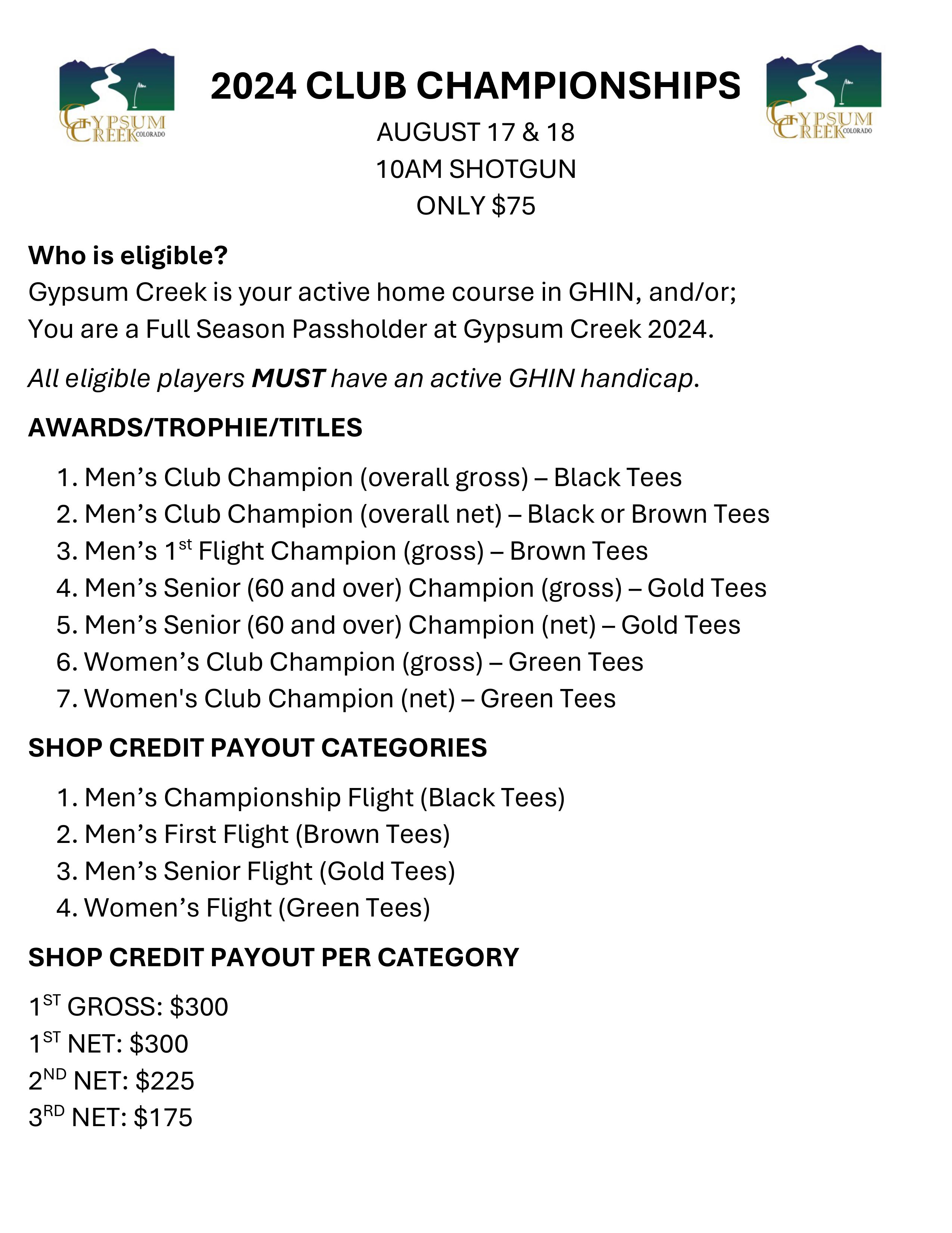 2024 CLUB CHAMPIONSHIPS INFO SHEET